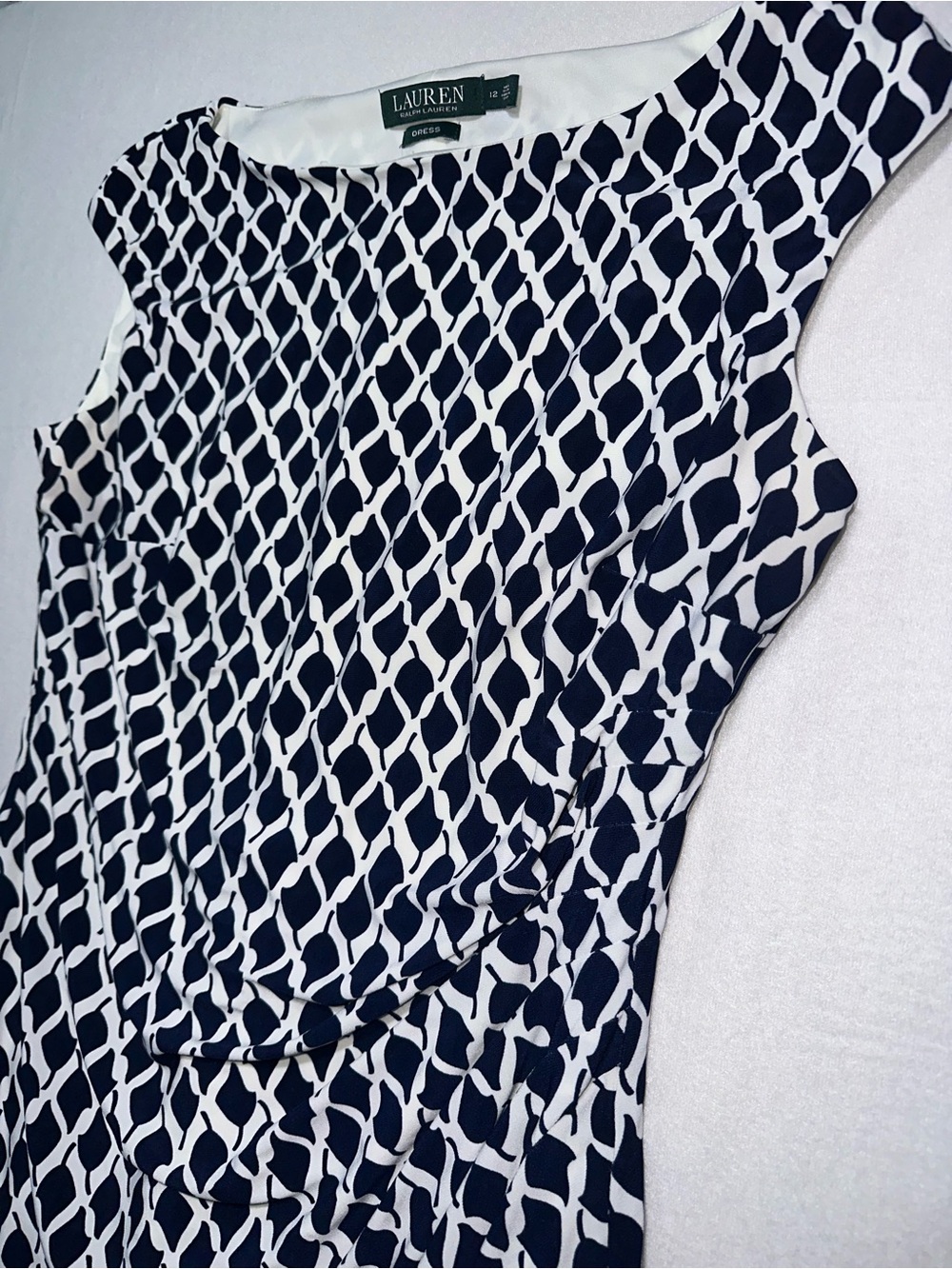 Lauren Ralph Lauren Navy White Ruched Print Dress Size 12